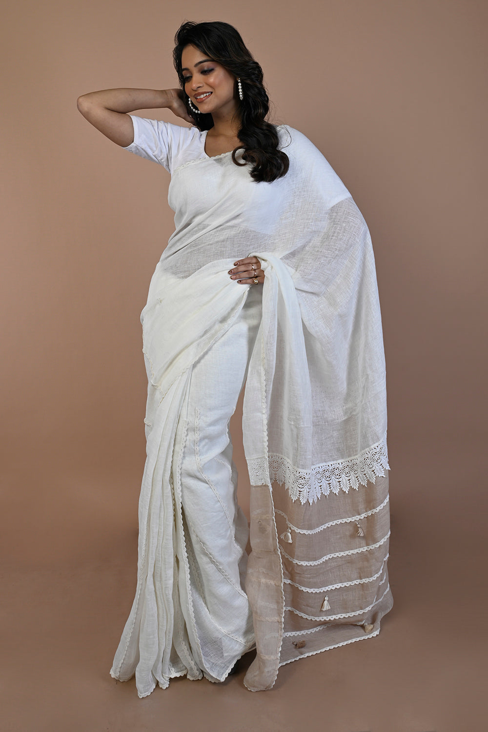 Linen Plain White Saree
