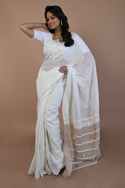 Linen Plain White Saree