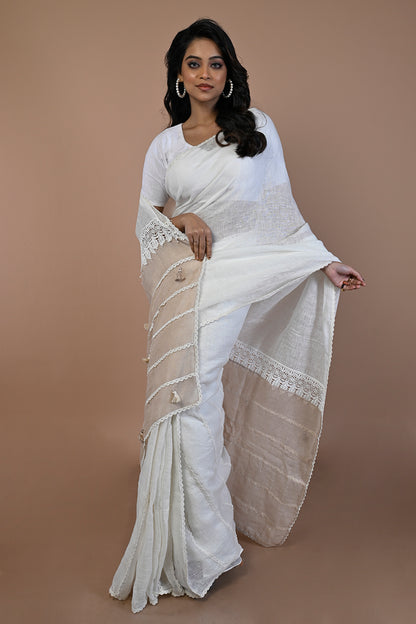 Linen Plain White Saree