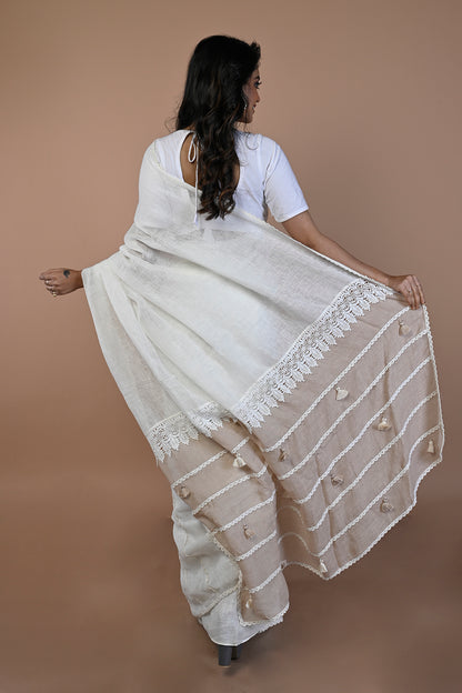 Linen Plain White Saree