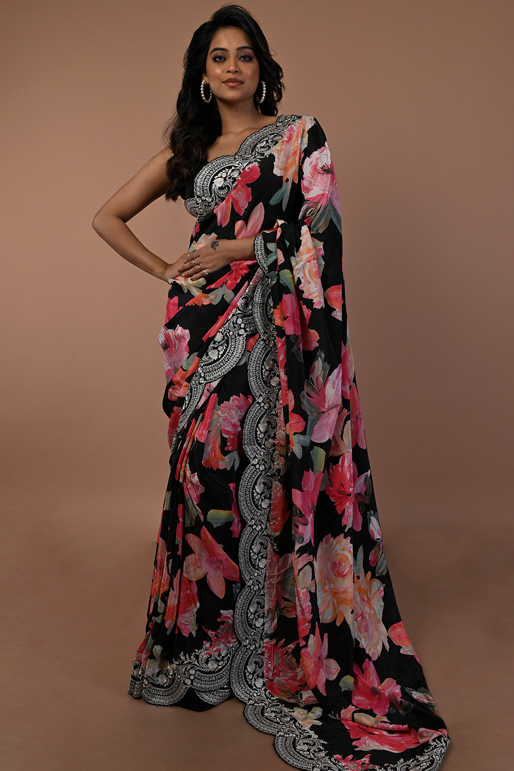 Satin Floral Printed Black Saree With Scallop Border