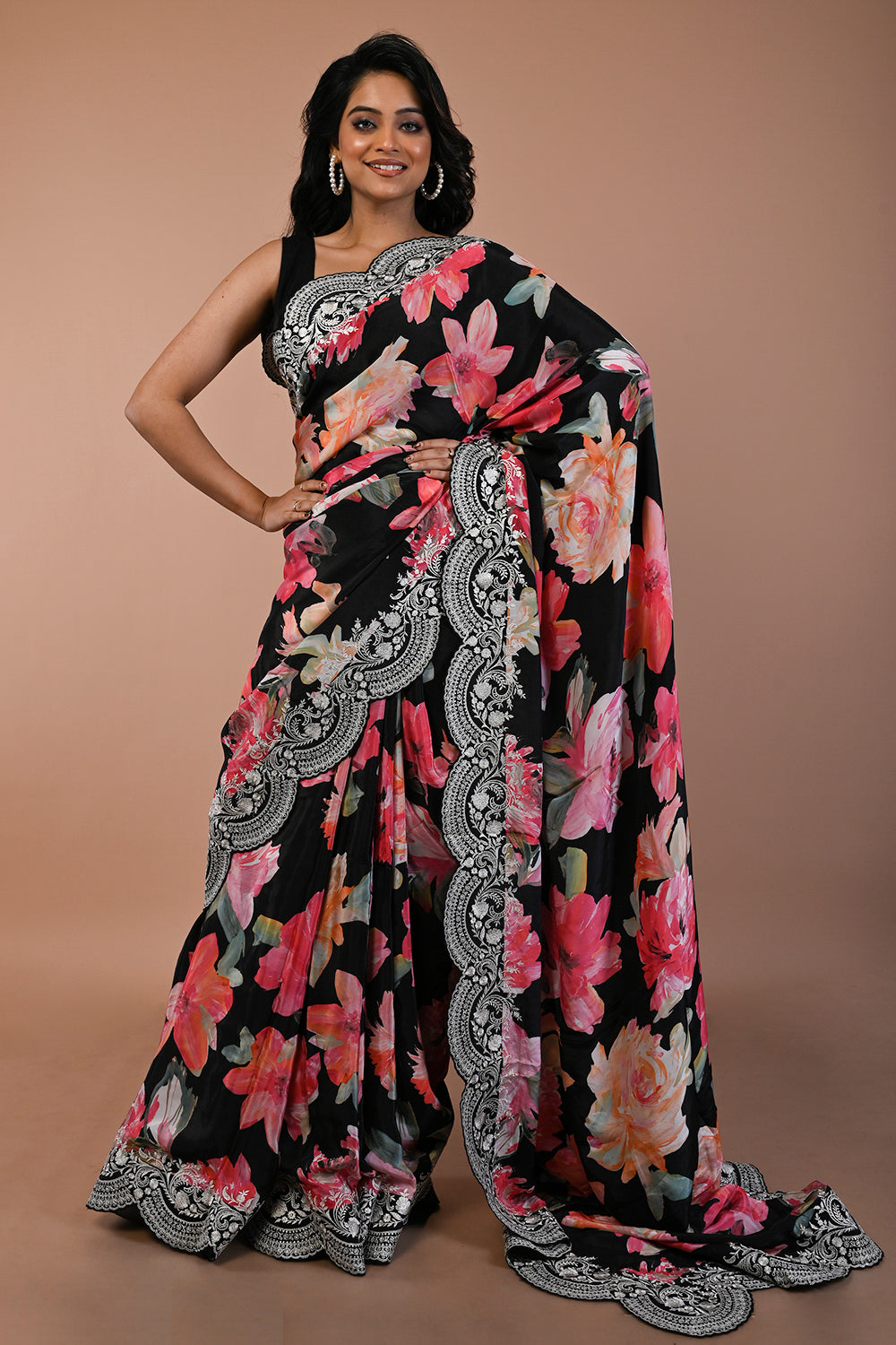 Satin Floral Printed Black Saree With Scallop Border