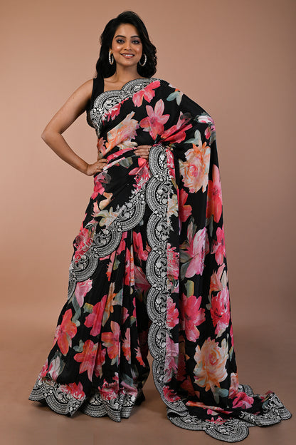 Satin Floral Printed Black Saree With Scallop Border