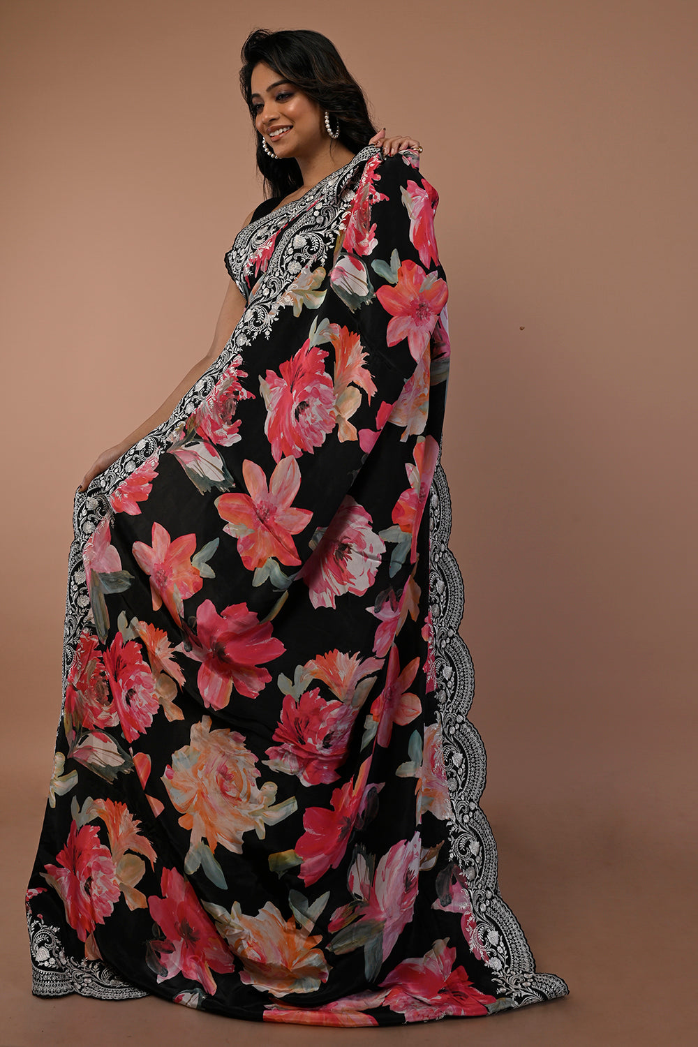Satin Floral Printed Black Saree With Scallop Border