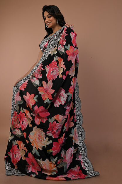 Satin Floral Printed Black Saree With Scallop Border