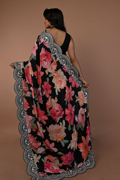 Satin Floral Printed Black Saree With Scallop Border