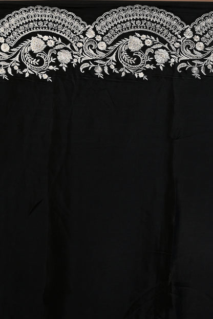 Satin Floral Printed Black Saree With Scallop Border