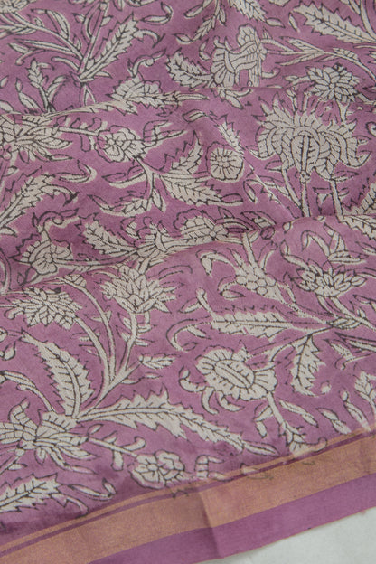 Chanderi Cotton Floral Printed Lavender Saree