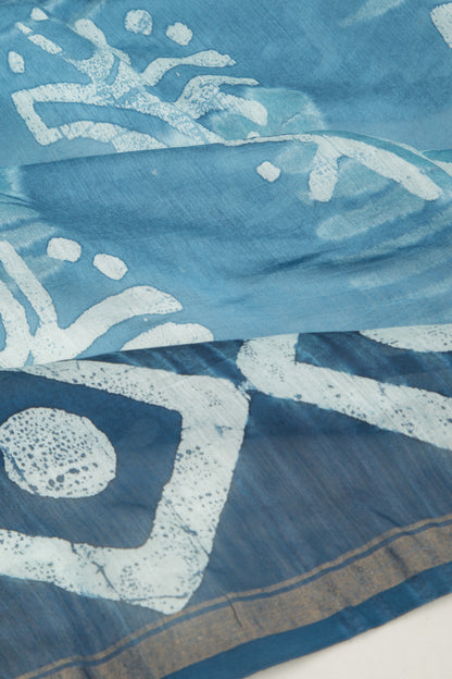Chanderi Silk Batik Printed Pastel Blue Saree
