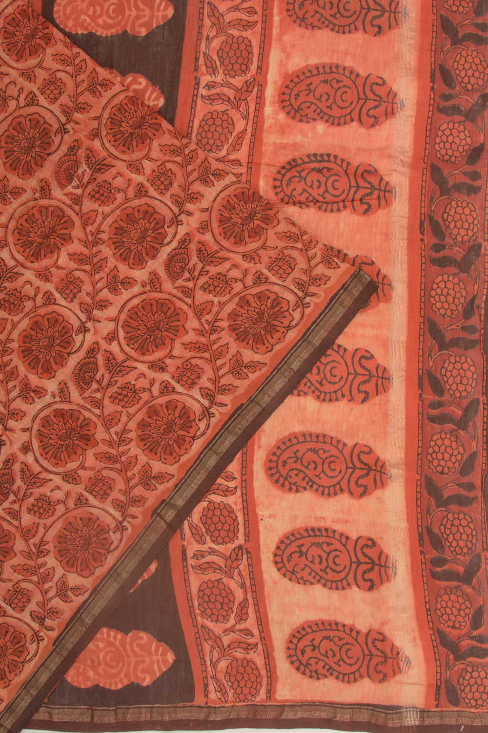 Chanderi Cotton Floral Printed Orange Saree