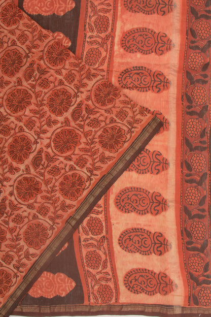Chanderi Cotton Floral Printed Orange Saree
