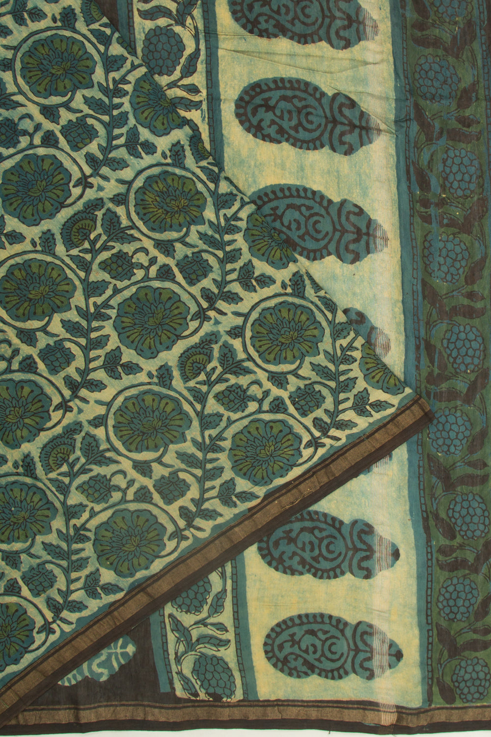 Chanderi Cotton Floral Printed Teal Green Saree