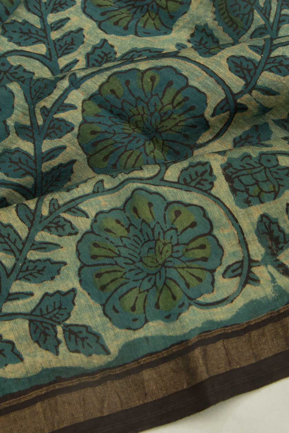 Chanderi Cotton Floral Printed Teal Green Saree