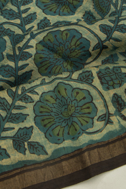 Chanderi Cotton Floral Printed Teal Green Saree