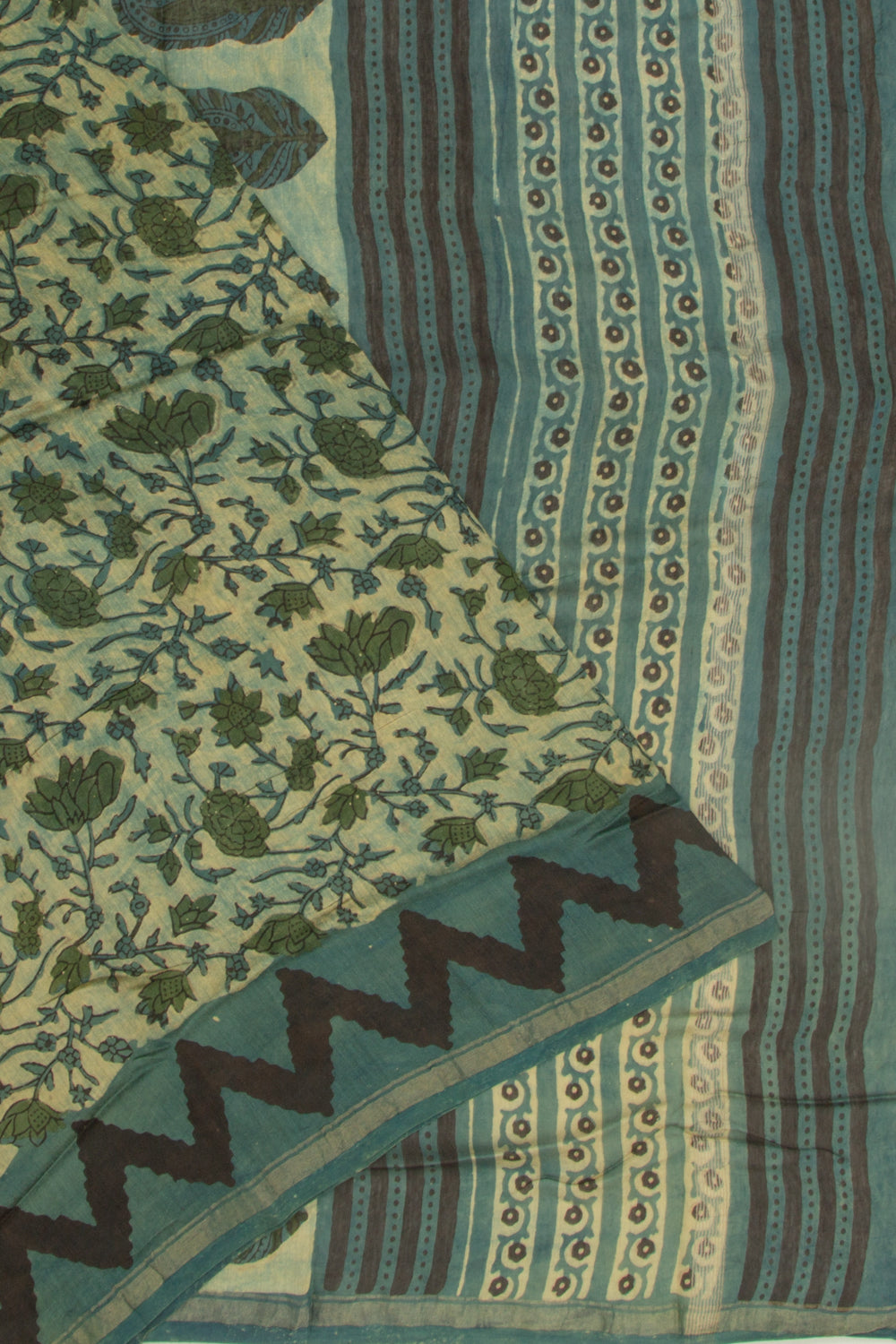 Chanderi Cotton Floral Printed Teal Green Saree