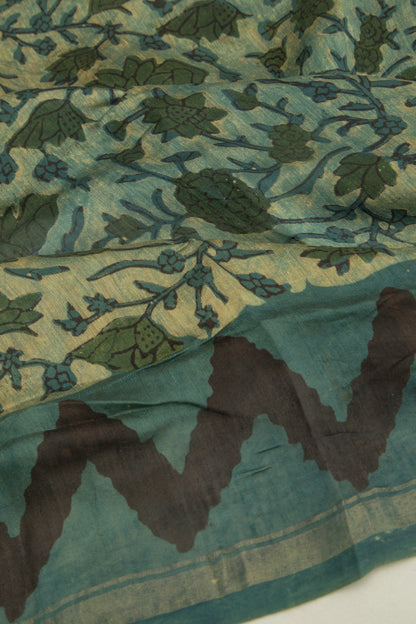 Chanderi Cotton Floral Printed Teal Green Saree