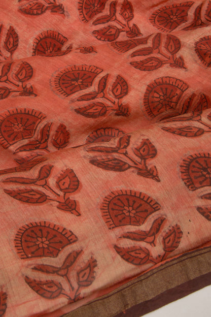 Chanderi Cotton Floral Printed Orange Saree