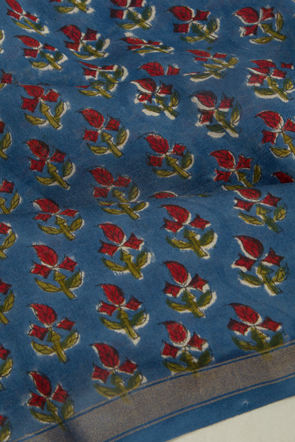 Chanderi Cotton Floral Printed Blue Saree