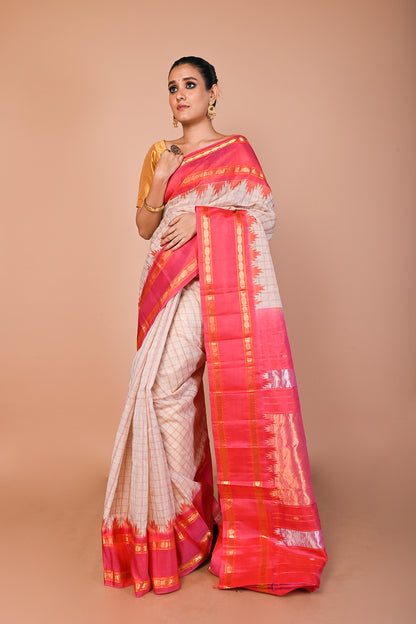 Gadwal Linen Checks And Butta Cream Saree