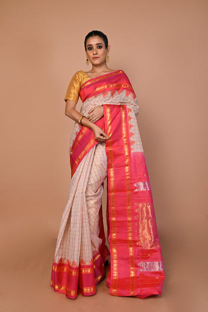 Gadwal Linen Checks And Butta Cream Saree