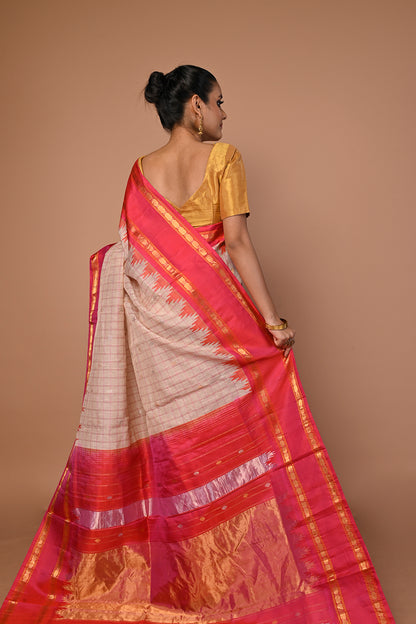 Gadwal Linen Checks And Butta Cream Saree