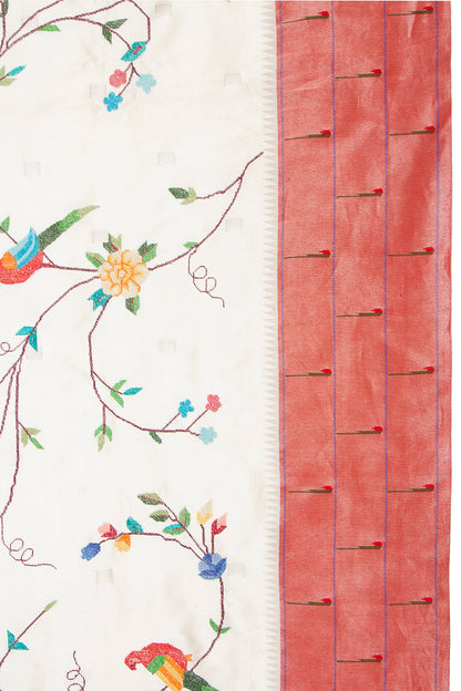 Petit Point Embroidery Paithani Silk White Saree With Triple Muniya Border