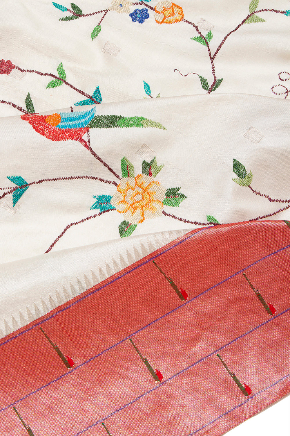 Petit Point Embroidery Paithani Silk White Saree With Triple Muniya Border
