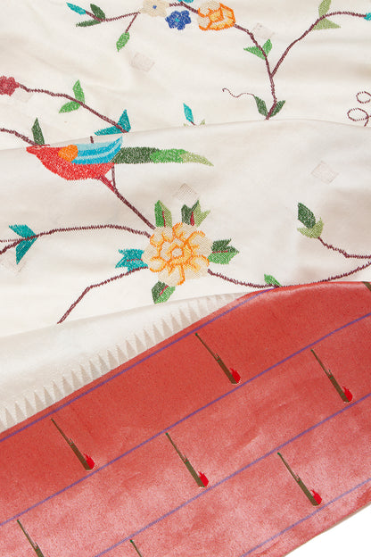 Petit Point Embroidery Paithani Silk White Saree With Triple Muniya Border
