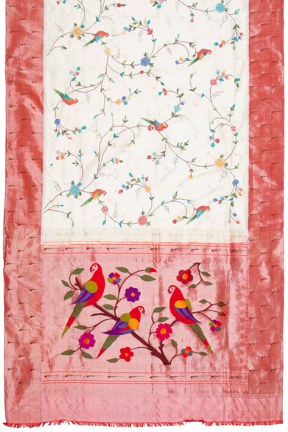 Petit Point Embroidery Paithani Silk White Saree With Triple Muniya Border