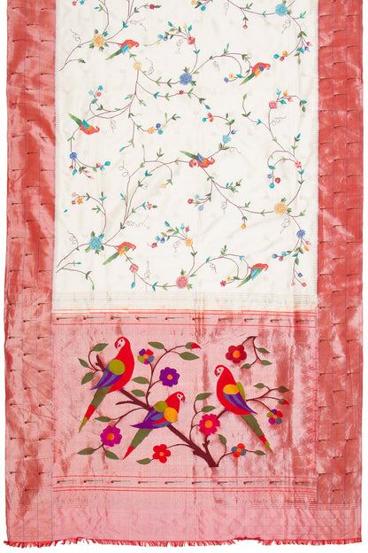Petit Point Embroidery Paithani Silk White Saree With Triple Muniya Border