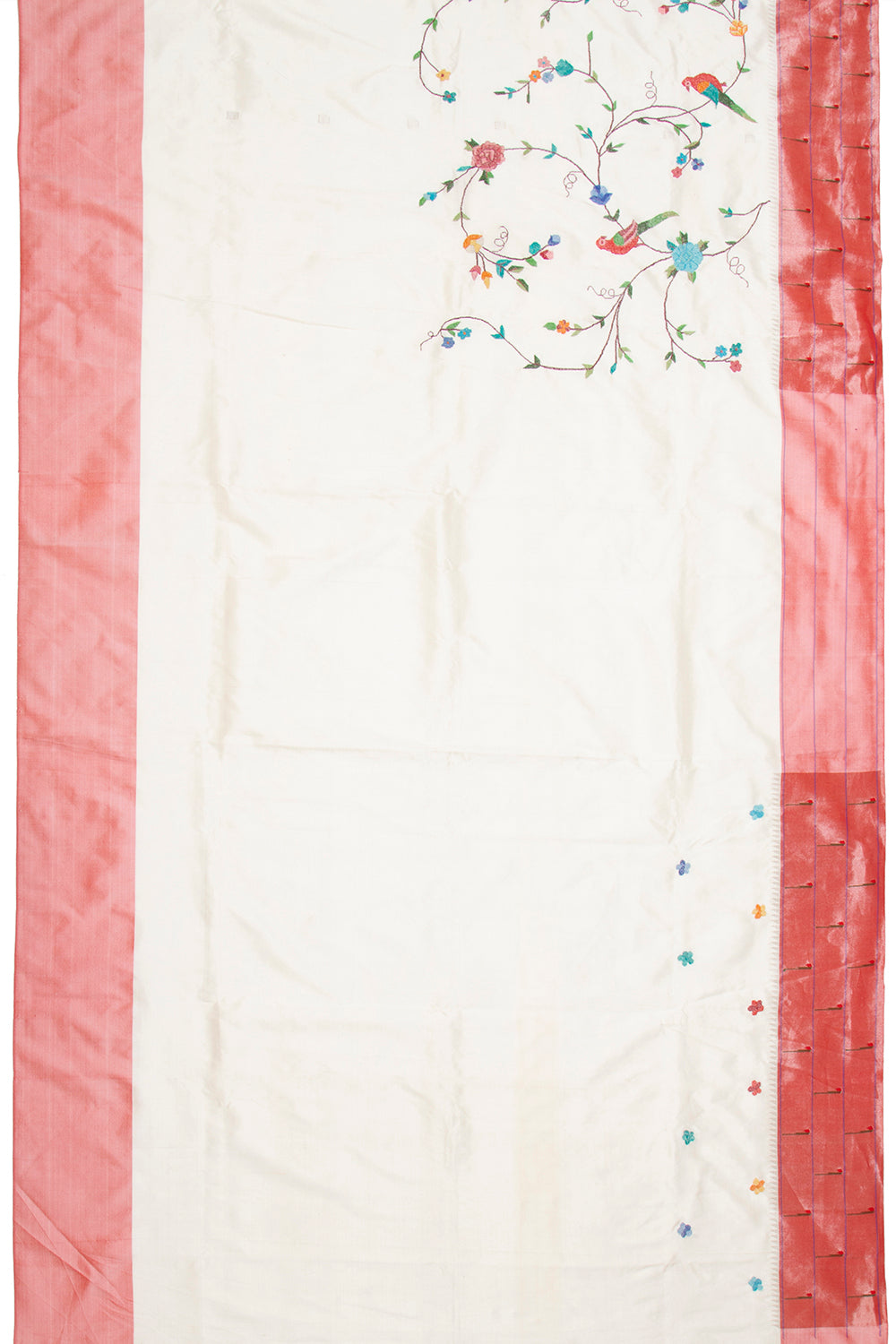 Petit Point Embroidery Paithani Silk White Saree With Triple Muniya Border