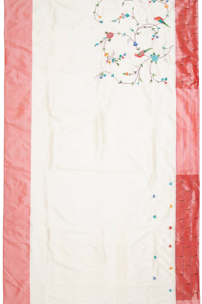 Petit Point Embroidery Paithani Silk White Saree With Triple Muniya Border