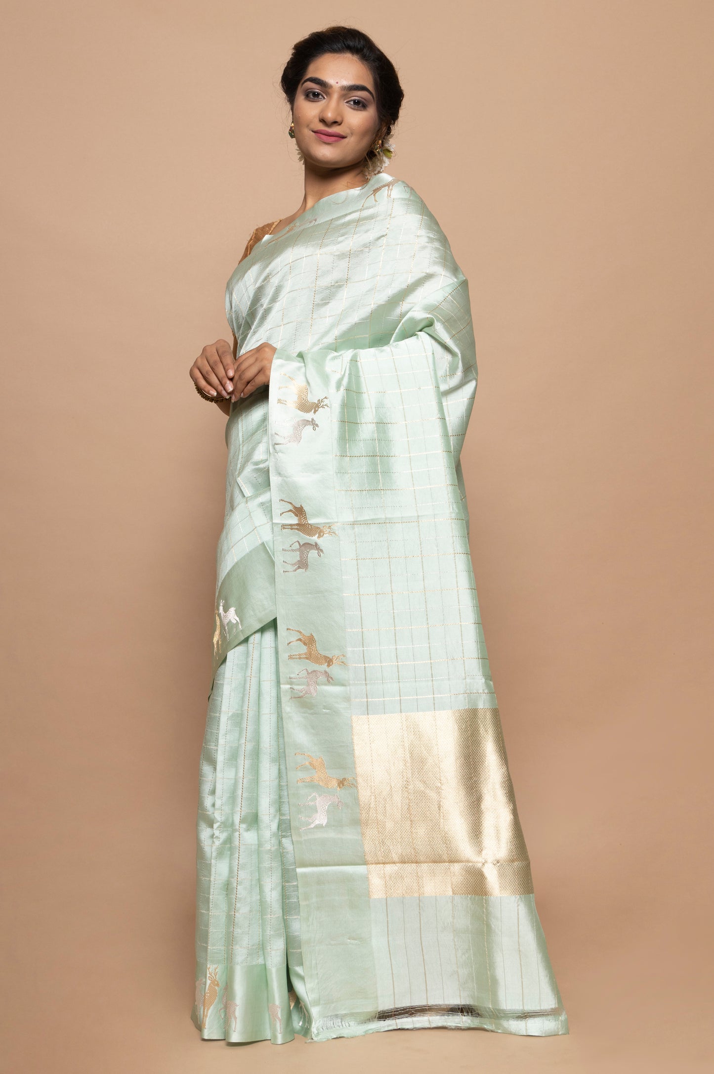 Banarasi Silk Katan Checks Pastel Green Saree