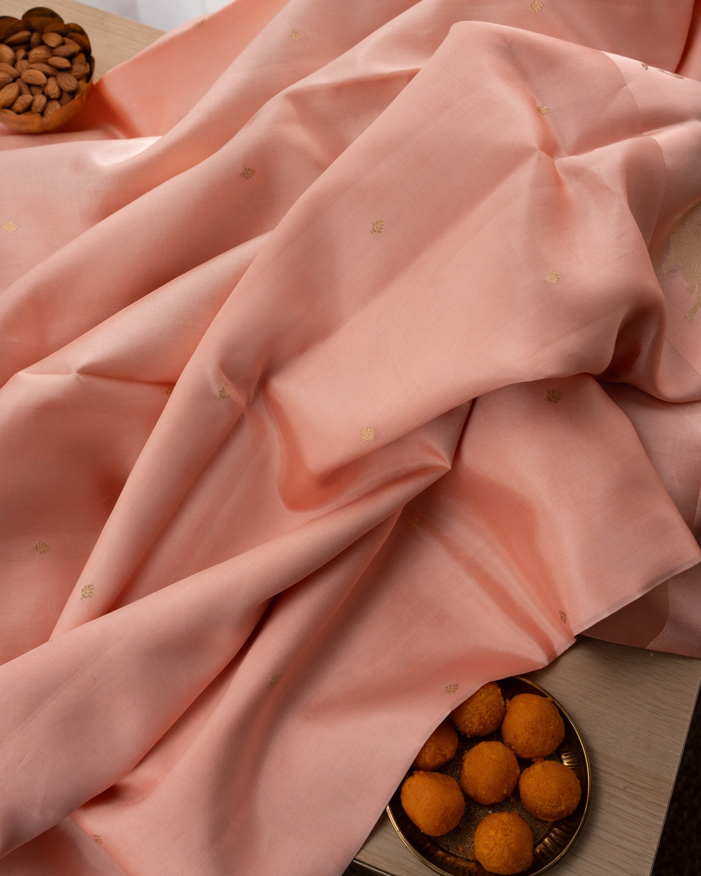Banarasi Silk Katan Butta Peach Saree With Rakhi And Gift Box