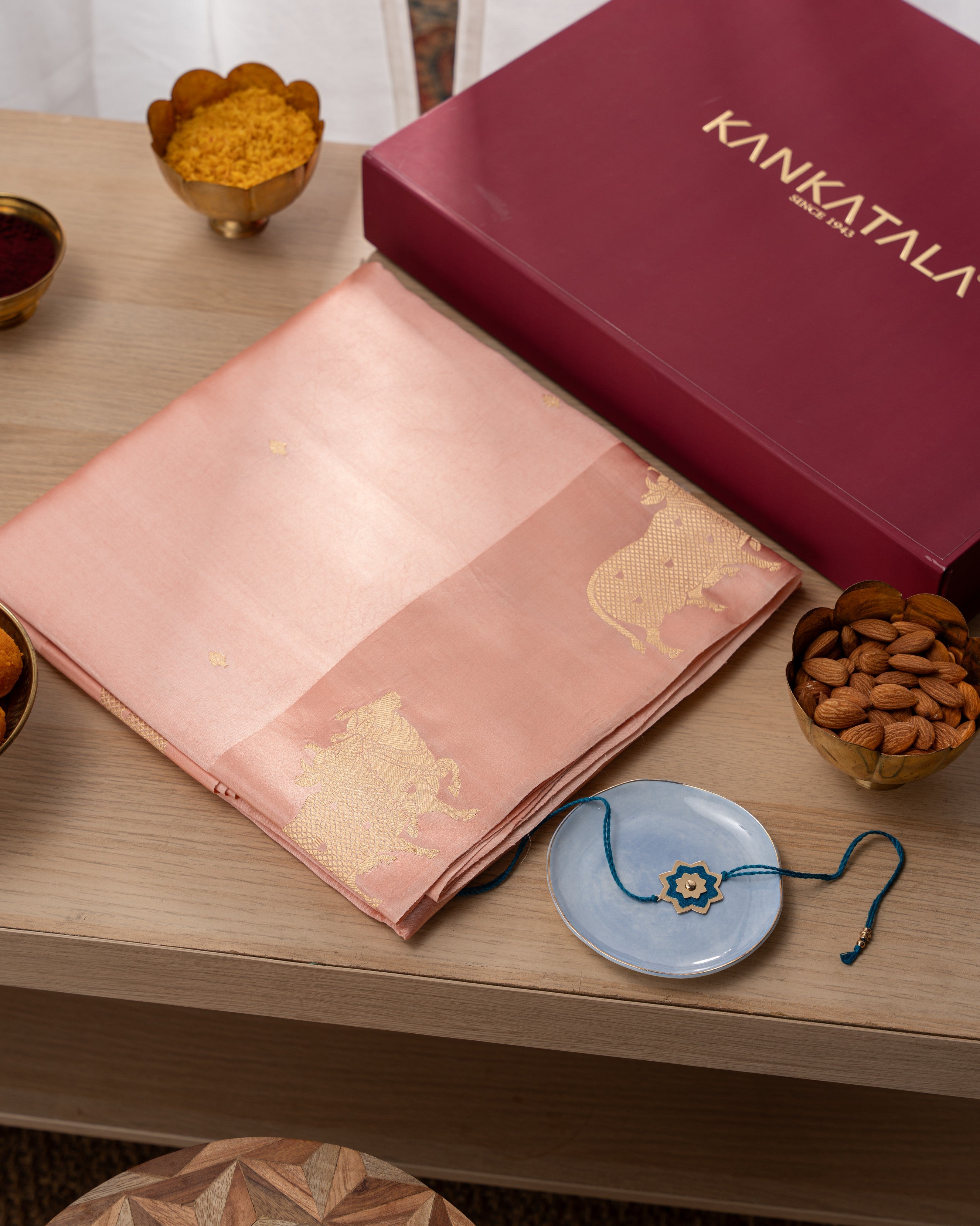 Banarasi Silk Katan Butta Peach Saree With Rakhi And Gift Box