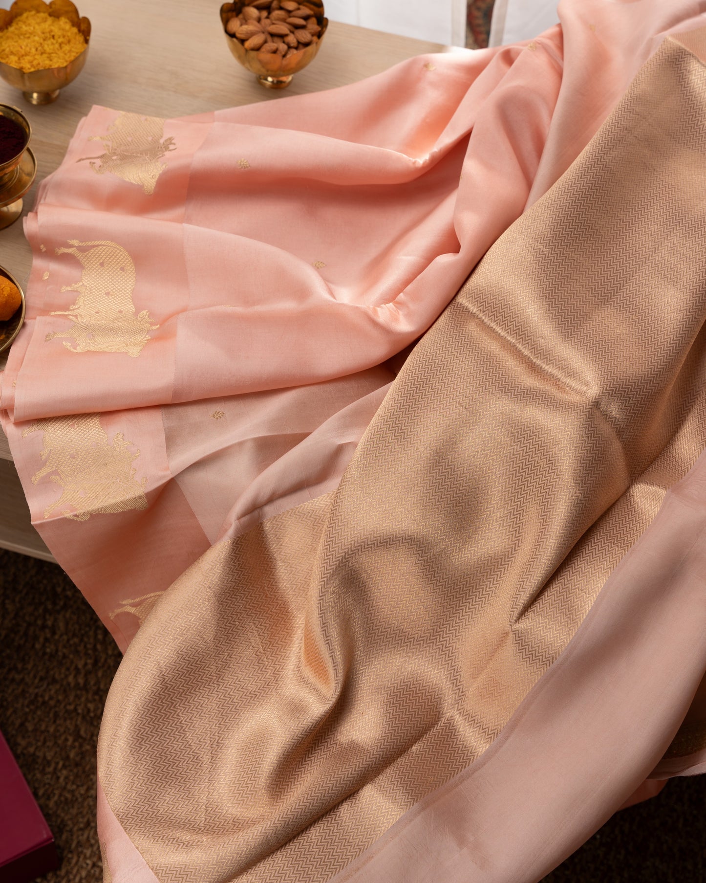 Banarasi Silk Katan Butta Peach Saree With Rakhi And Gift Box