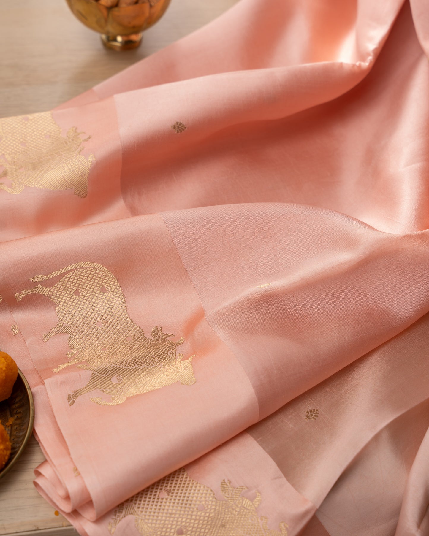 Banarasi Silk Katan Butta Peach Saree With Rakhi And Gift Box