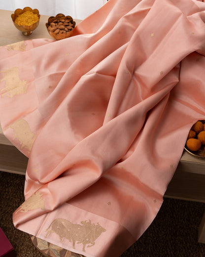 Banarasi Silk Katan Butta Peach Saree With Rakhi And Gift Box