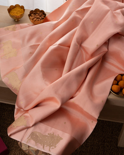 Banarasi Silk Katan Butta Peach Saree With Rakhi And Gift Box