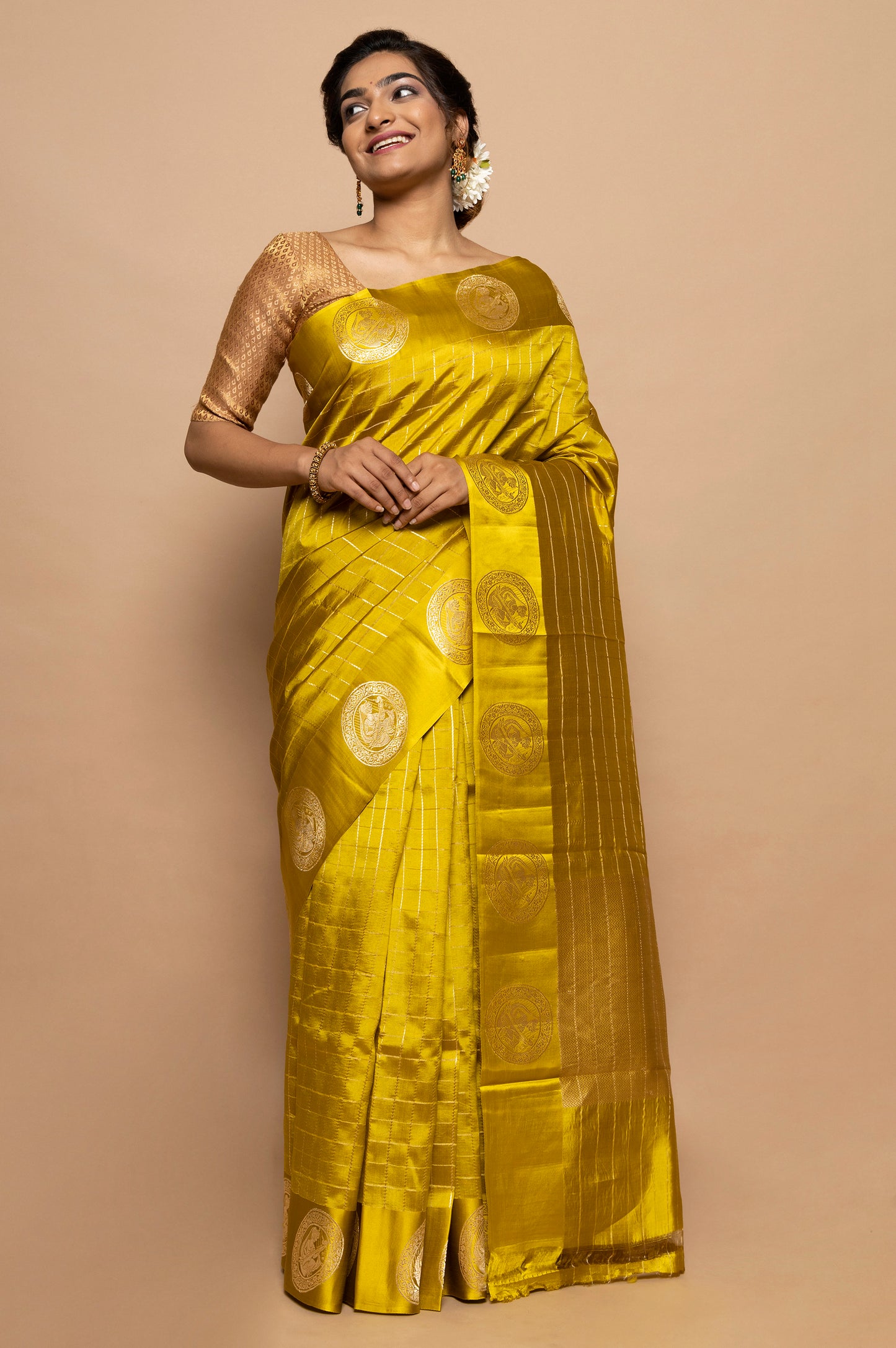 Banarasi Silk Katan Checks Yellow Saree
