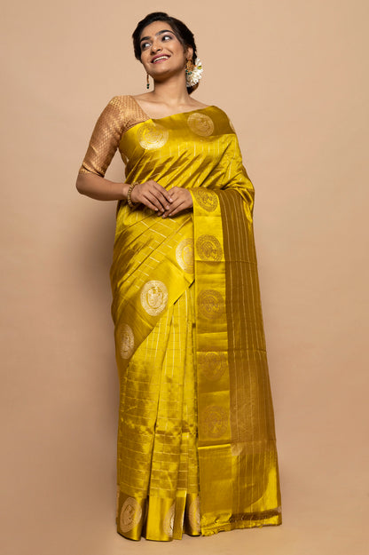 Banarasi Silk Katan Checks Yellow Saree
