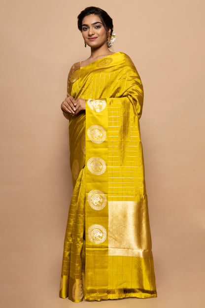 Banarasi Silk Katan Checks Yellow Saree