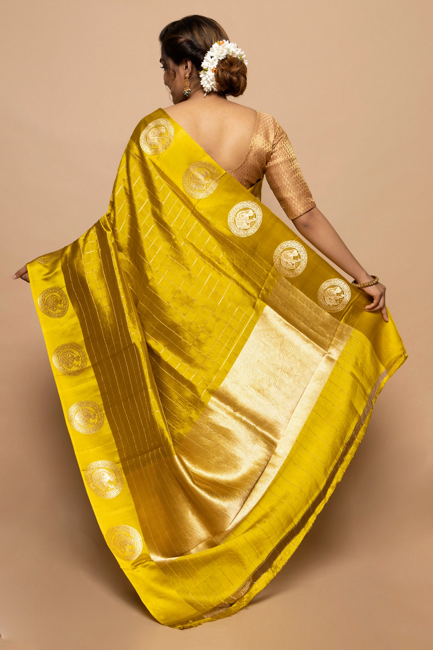 Banarasi Silk Katan Checks Yellow Saree