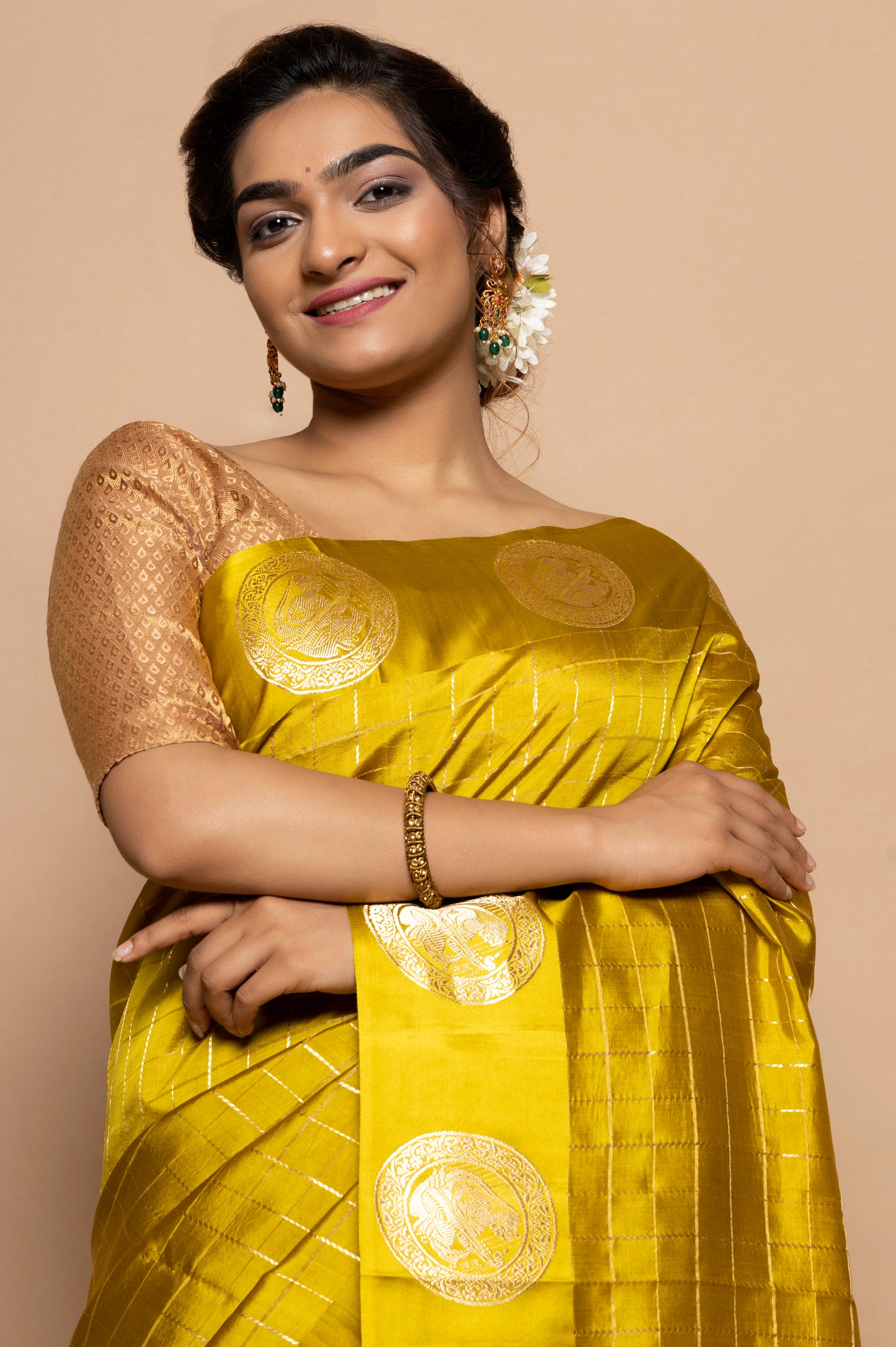 Banarasi Silk Katan Checks Yellow Saree
