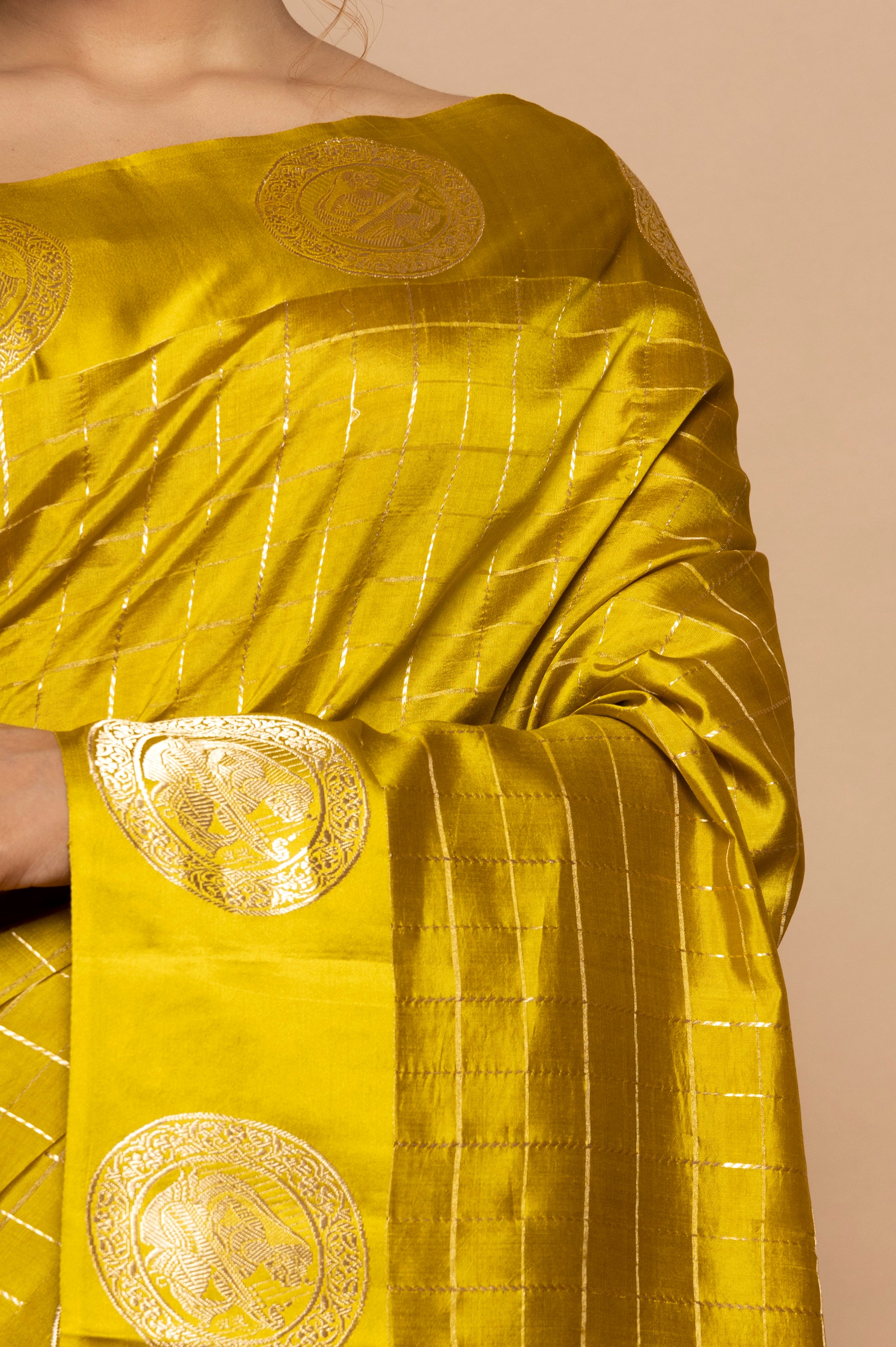 Banarasi Silk Katan Checks Yellow Saree