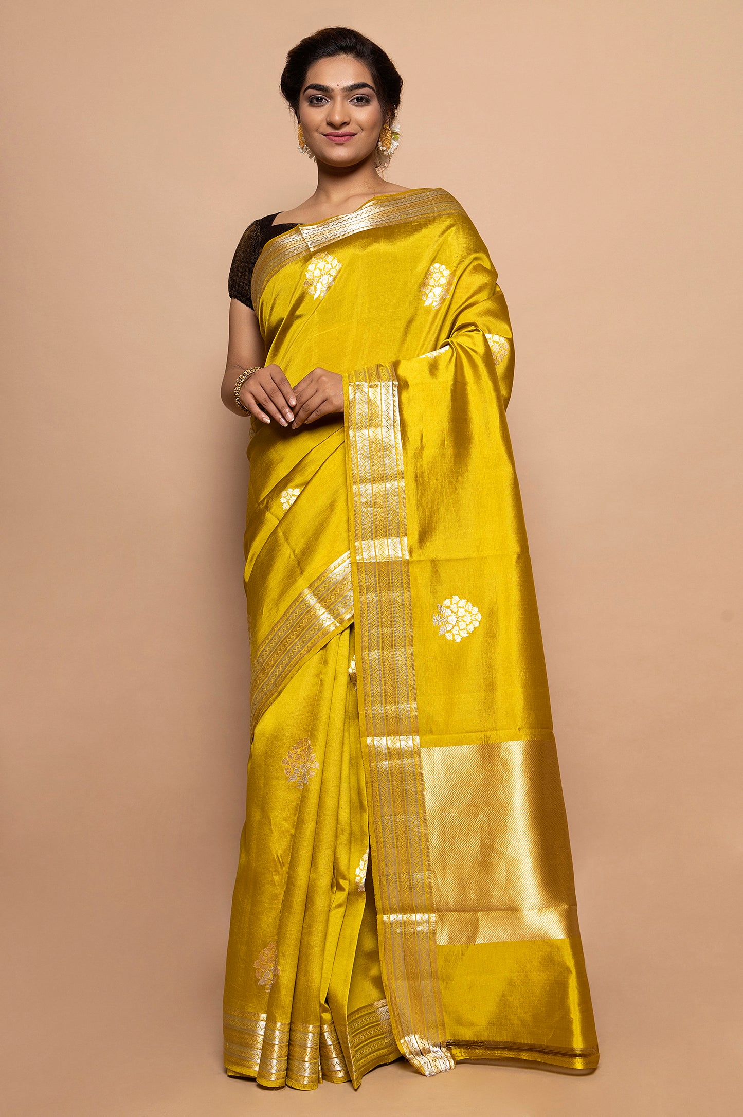 Banarasi Silk Katan Butta Yellow Saree