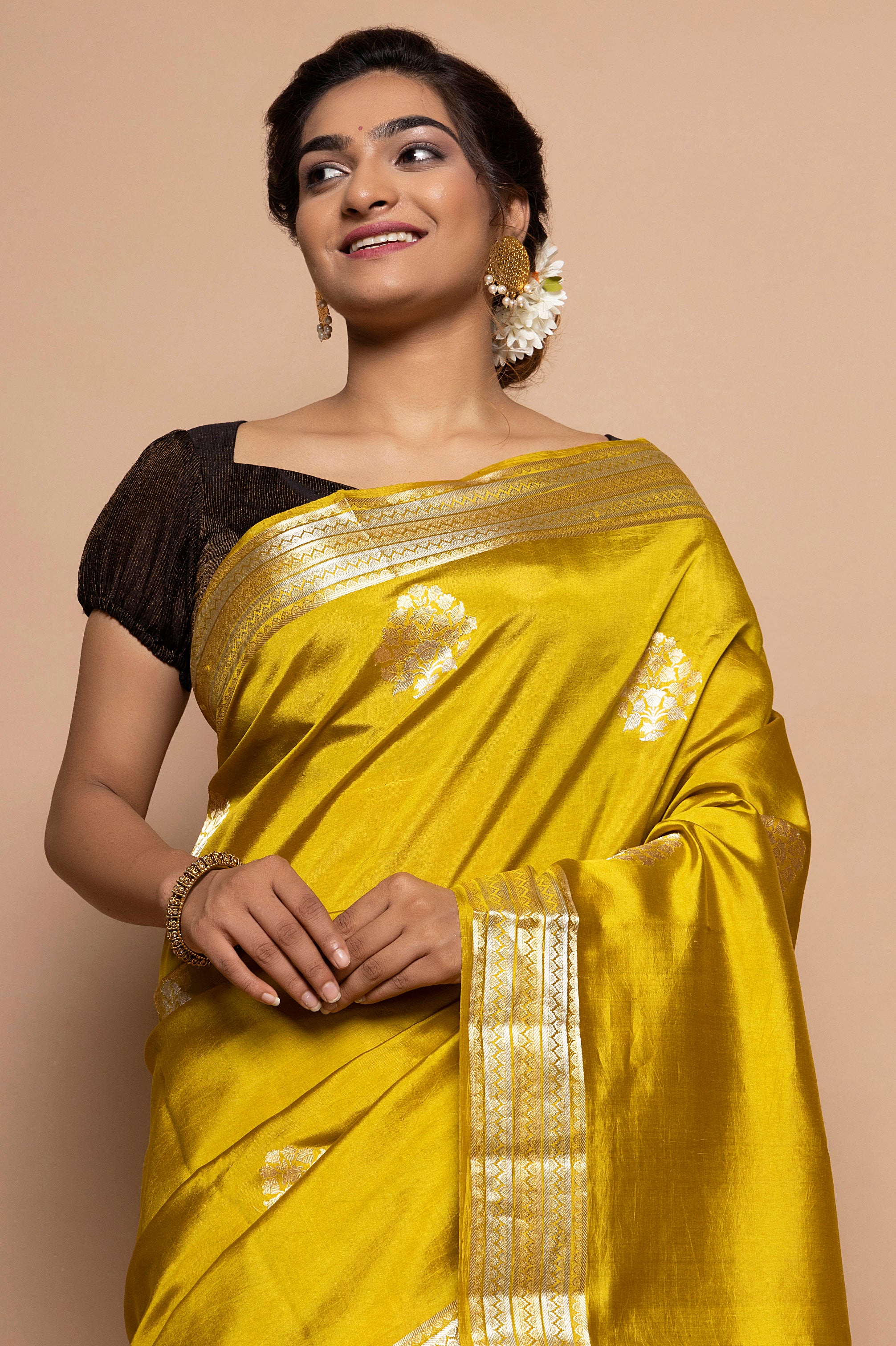 Banarasi Silk Katan Butta Yellow Saree