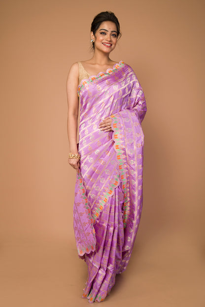 Banarasi Silk Lines And Butta Lavender Saree With Scallop Border