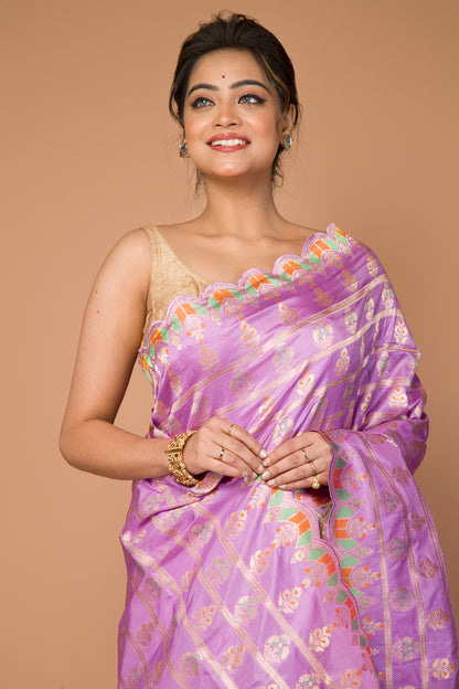 Banarasi Silk Lines And Butta Lavender Saree With Scallop Border