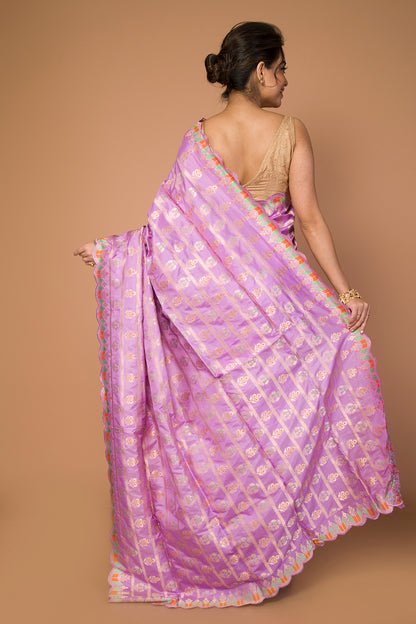 Banarasi Silk Lines And Butta Lavender Saree With Scallop Border